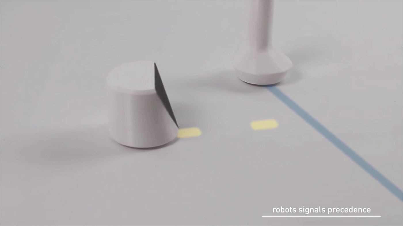 inquadratura dall'alto con un robot che si ferma per permettere il passaggio dell'altro robot. La linea di direzione del primo robot è tratteggiata e piena mentre la linea del secondo robot è continua e piena